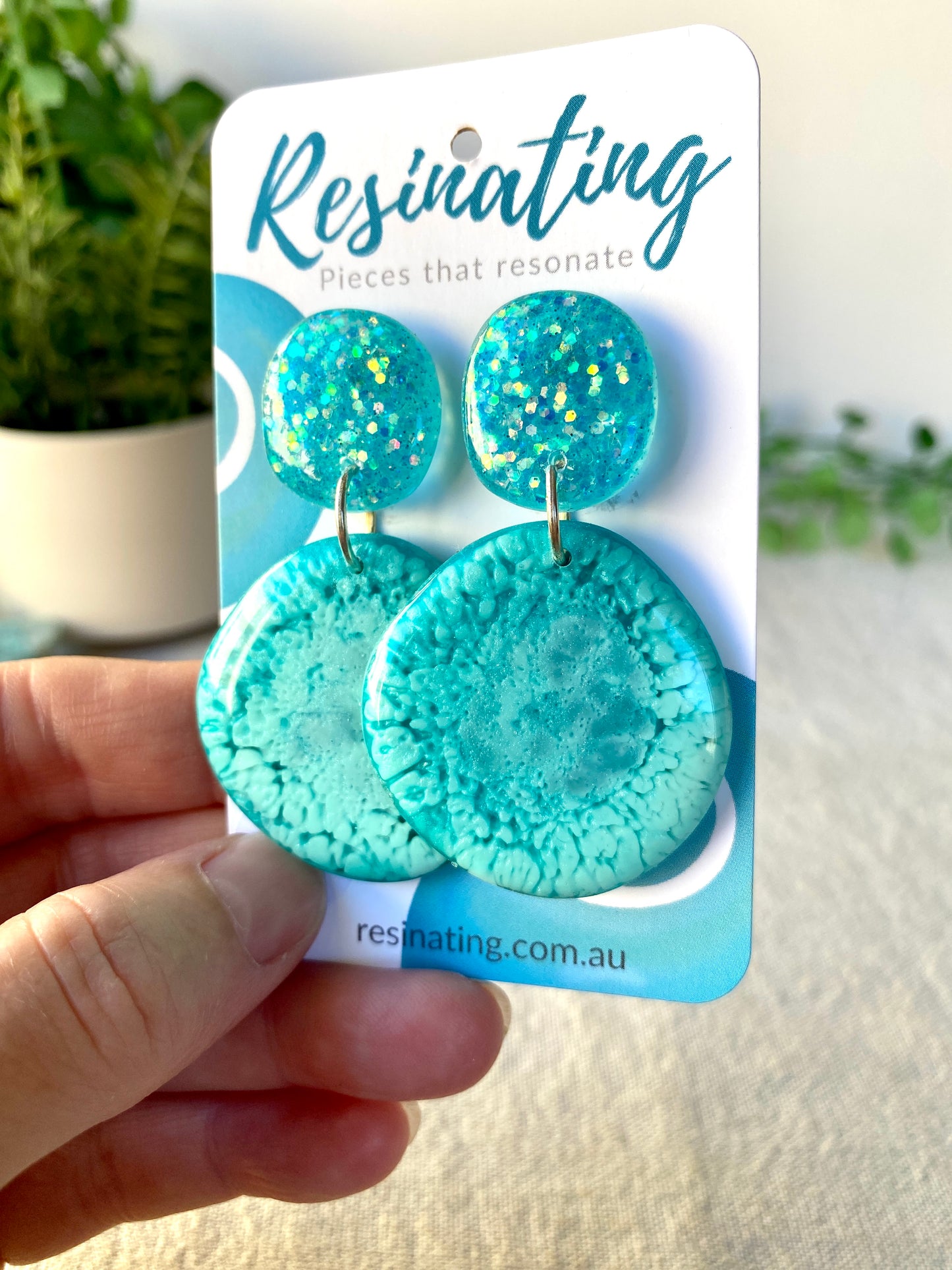 Aqua and glitter dangles - hand cast resin dangle earrings - READY TO POST