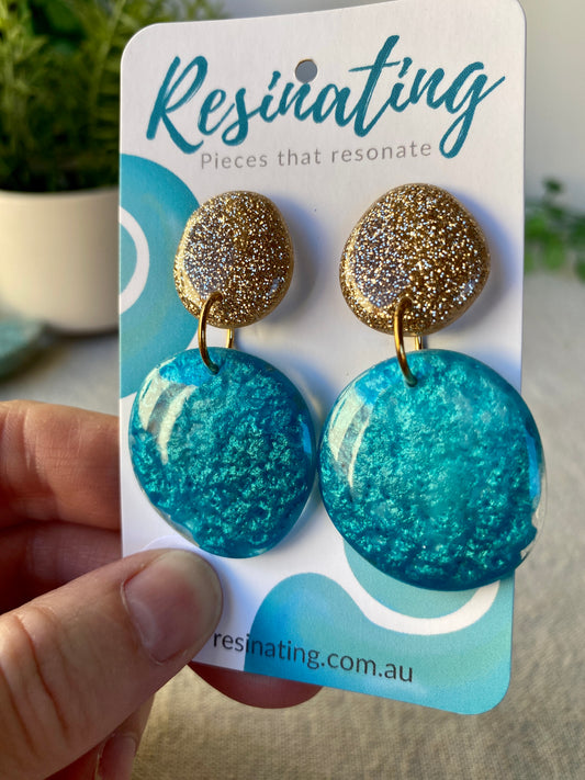 Metallic teal and gold dangles - hand cast resin dangle earrings - READY TO POST