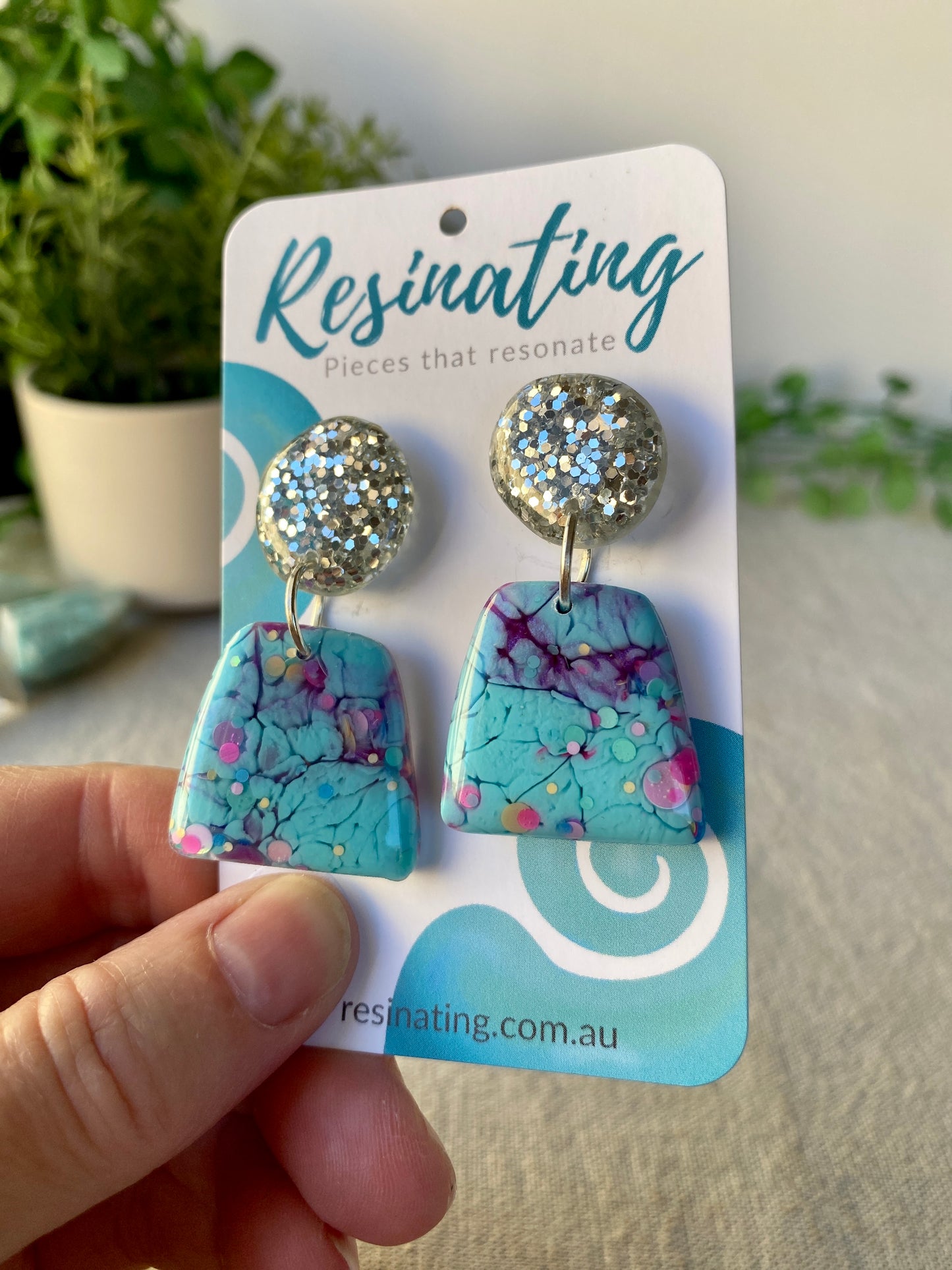 Aqua blue and purple dangles - hand cast resin dangle earrings - READY TO POST