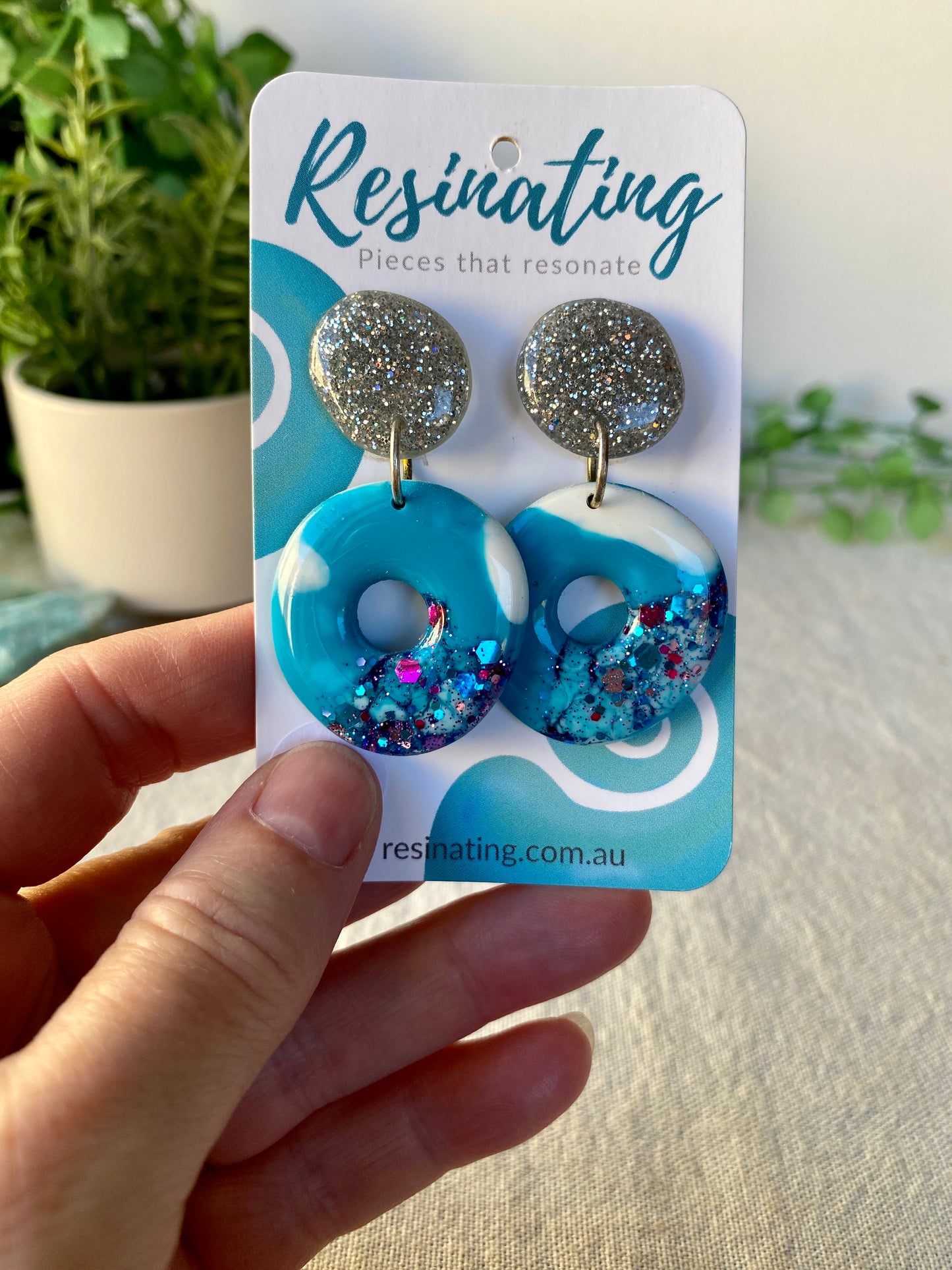 Blue, white and silver dangles - resin dangle earrings - READY TO POST