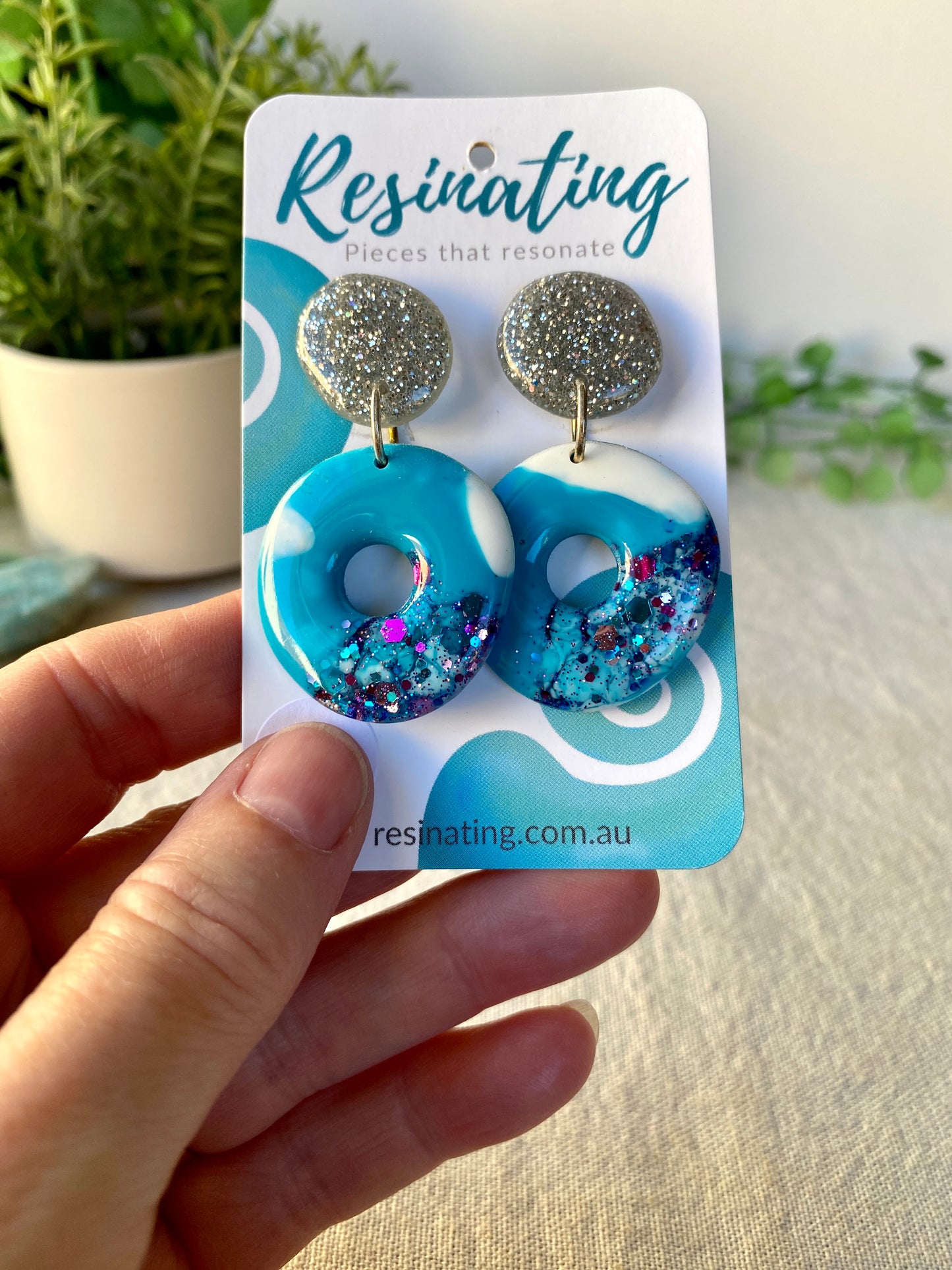Blue, white and silver dangles - resin dangle earrings - READY TO POST