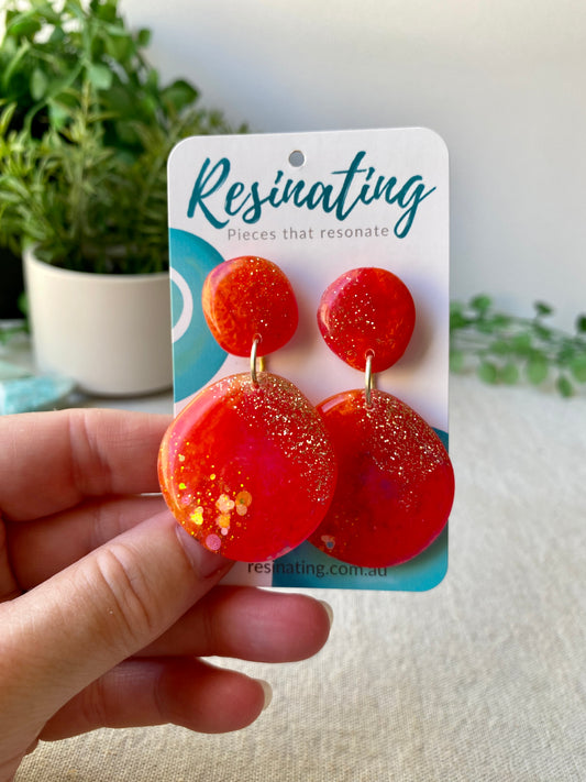 Orange and red round dangles - hand cast resin dangle earrings - READY TO POST