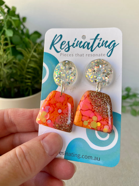 Pink and orange dangles - hand cast resin dangle earrings - READY TO POST