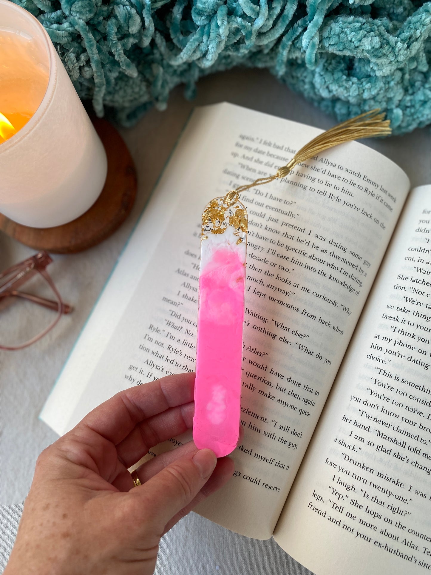 BOOKMARK - created in Barbie pink resin with gold flakes