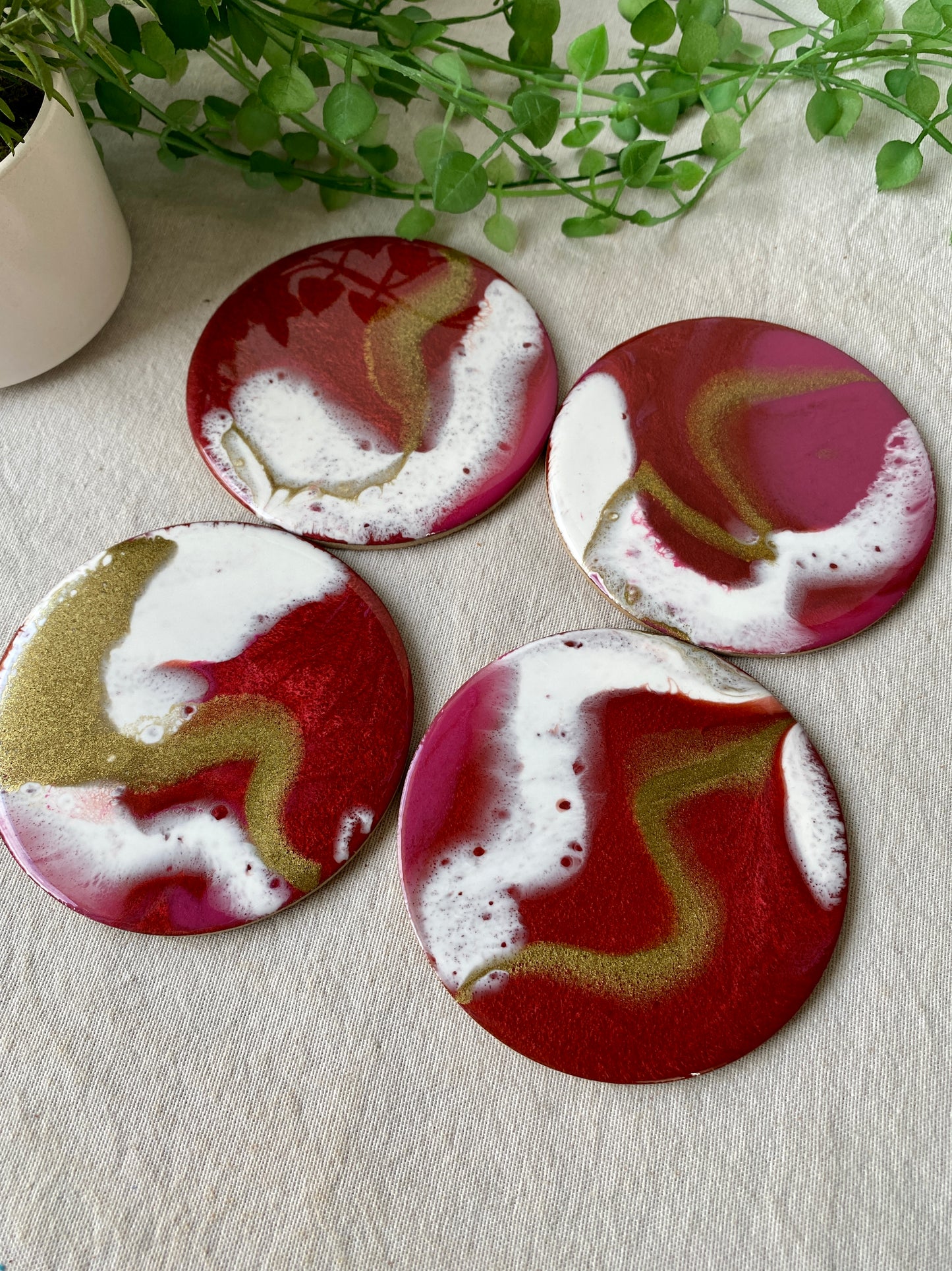 Resin art coasters - metallic red, white and gold, set of 4 - READY TO POST
