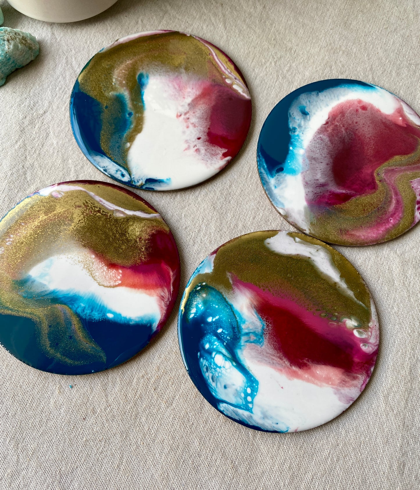 Resin art coasters - teal, pink and gold, set of 4 - READY TO POST