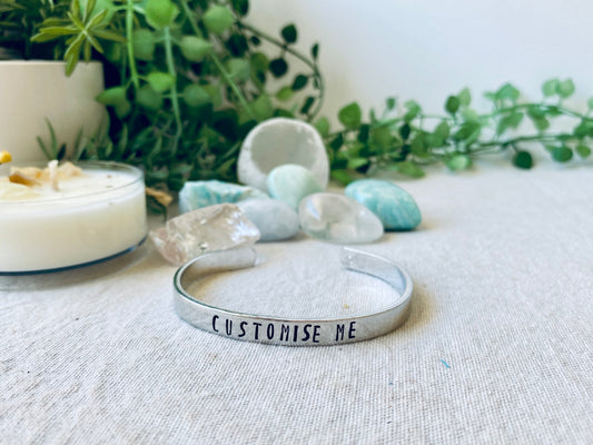 CUSTOM RESINATING WORDS - hand stamped ladies cuff bangle with your choice of words - Font 3
