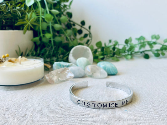CUSTOM RESINATING WORDS - hand stamped ladies cuff bangle with your choice of words - Font 1