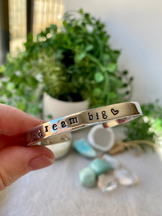 RESINATING WORDS - hand stamped ladies cuff bangle with DREAM BIG