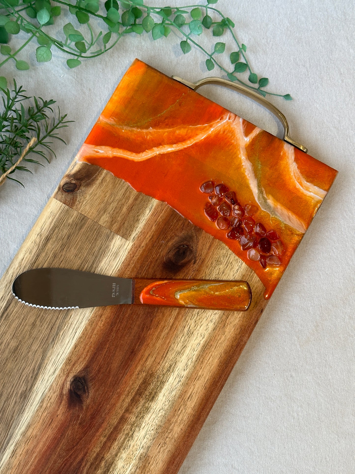 SERVING BOARD - metallic orange resin with real red carnelian gems, serving board with FREE matching knife - READY TO POST