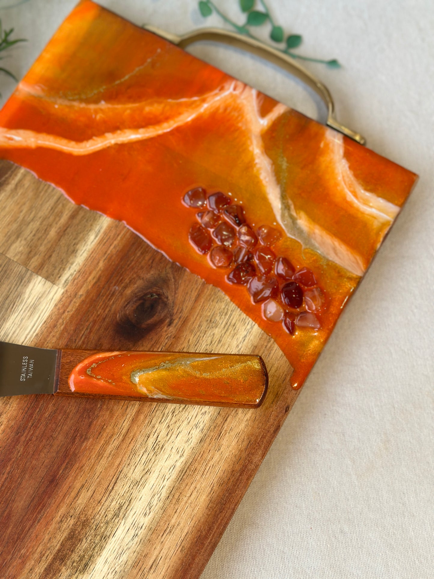 SERVING BOARD - metallic orange resin with real red carnelian gems, serving board with FREE matching knife - READY TO POST