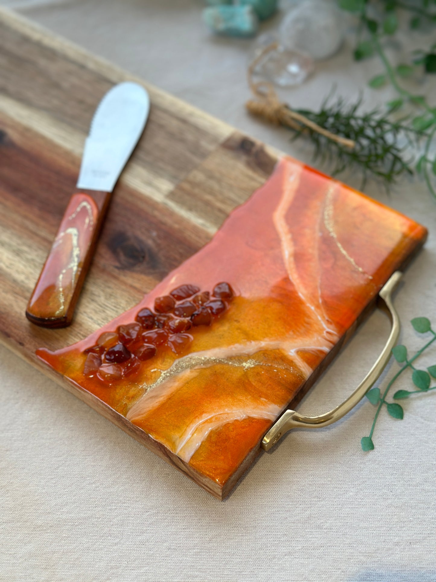 SERVING BOARD - metallic orange resin with real red carnelian gems, serving board with matching knife