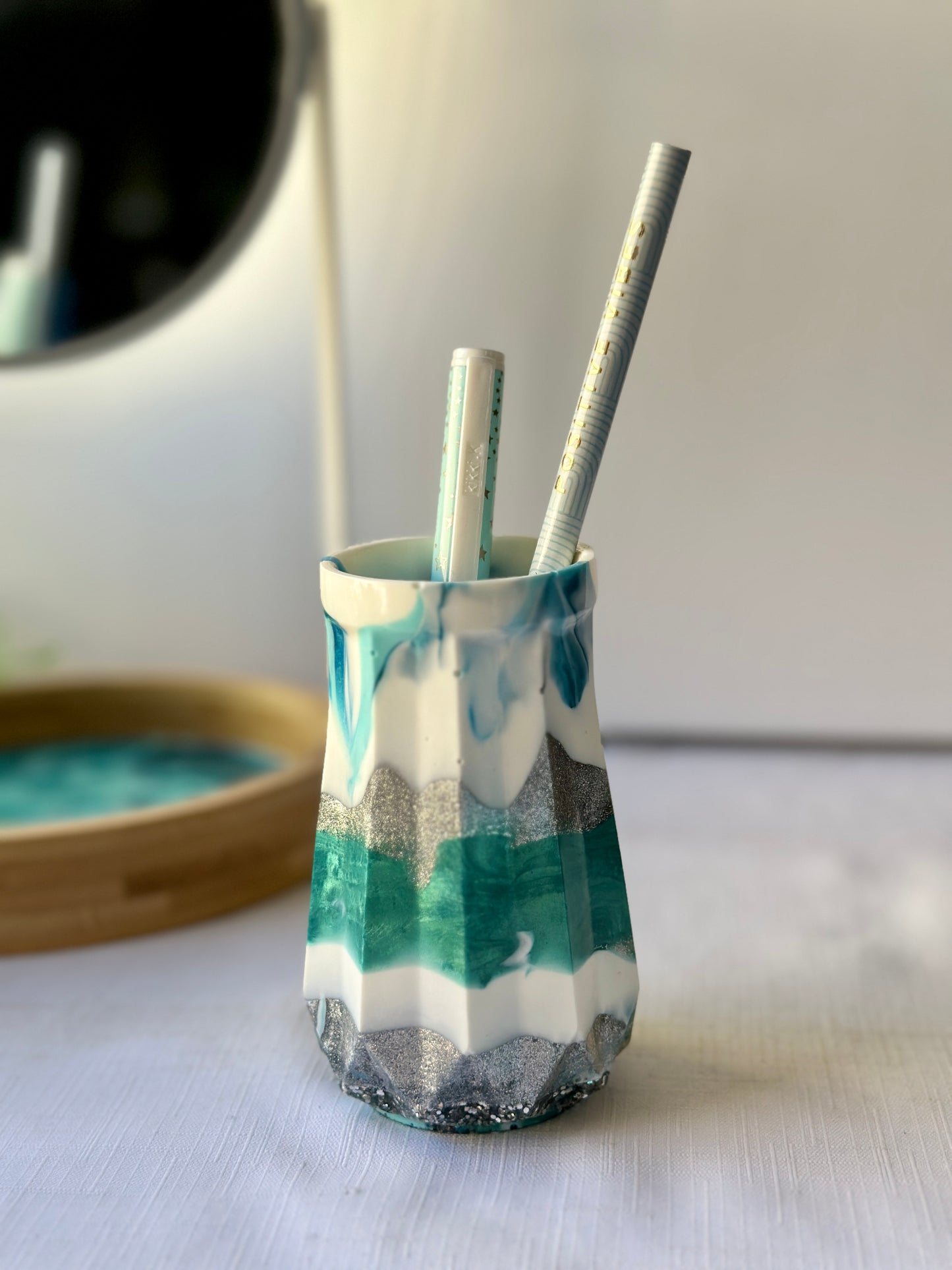 RESIN VASE - white, blue and teal with silver glitter