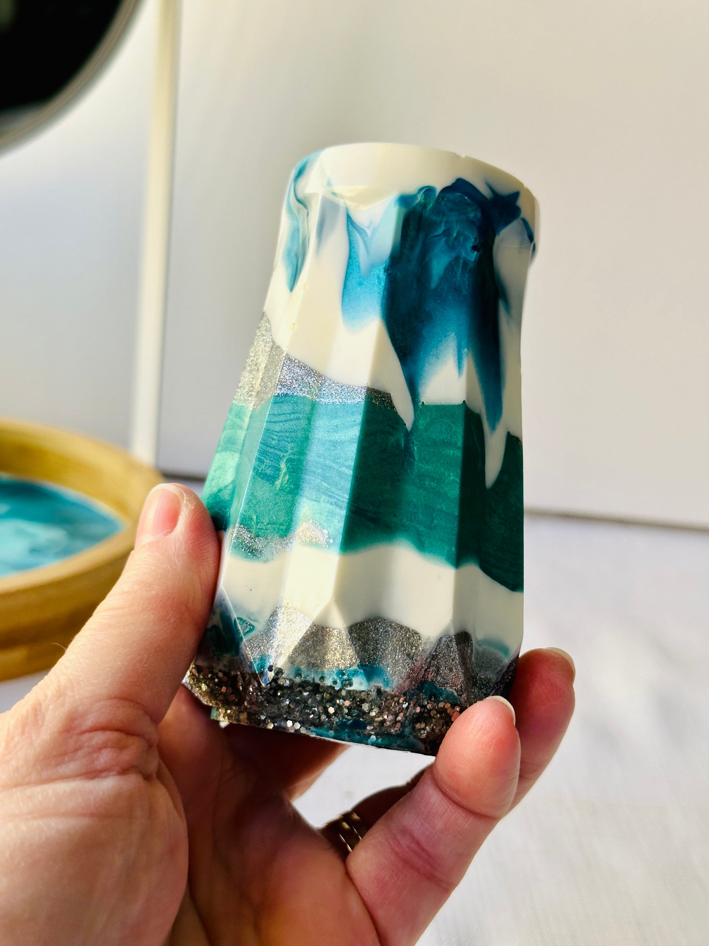 RESIN VASE - white, blue and teal with silver glitter