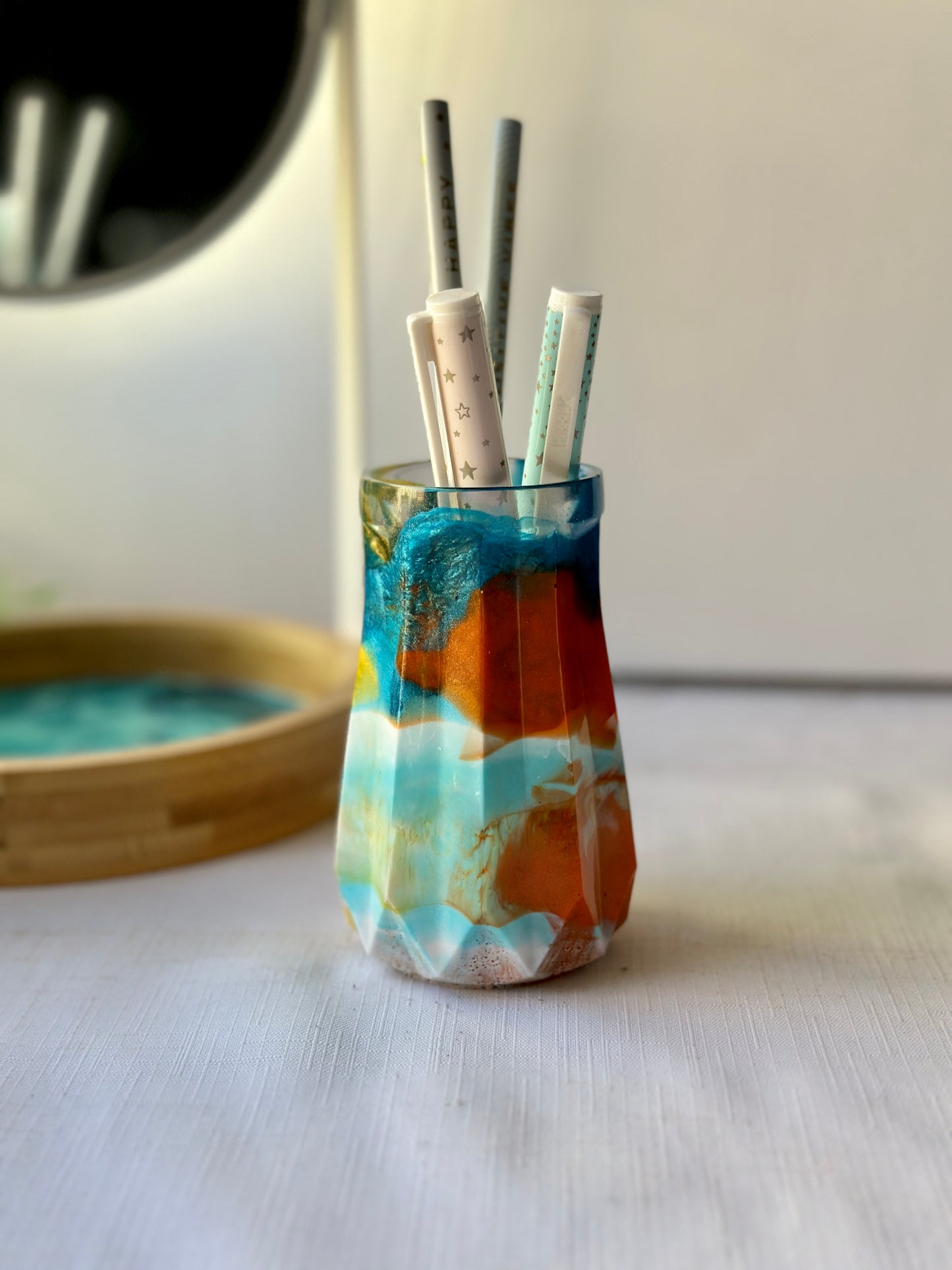 RESIN VASE - orange, blue and gold