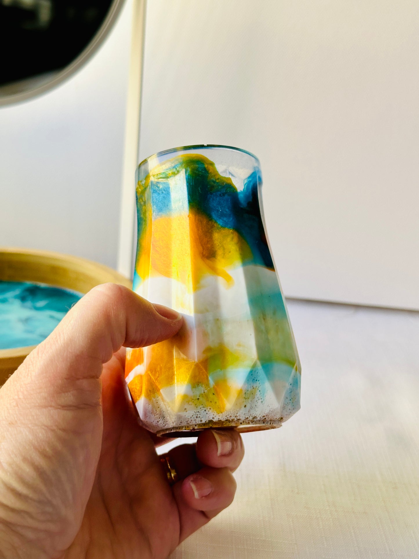 RESIN VASE - orange, blue and gold