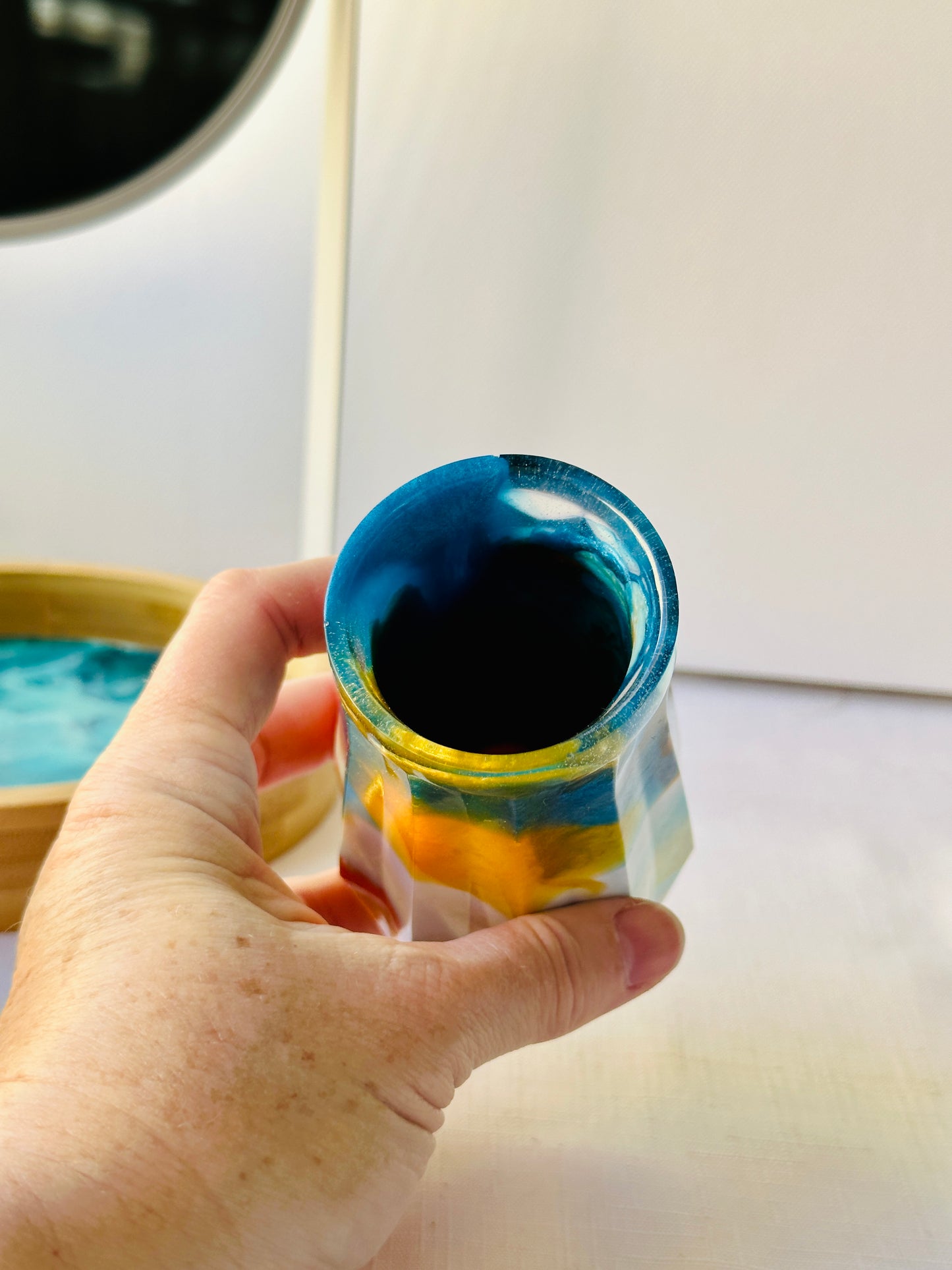 RESIN VASE - orange, blue and gold