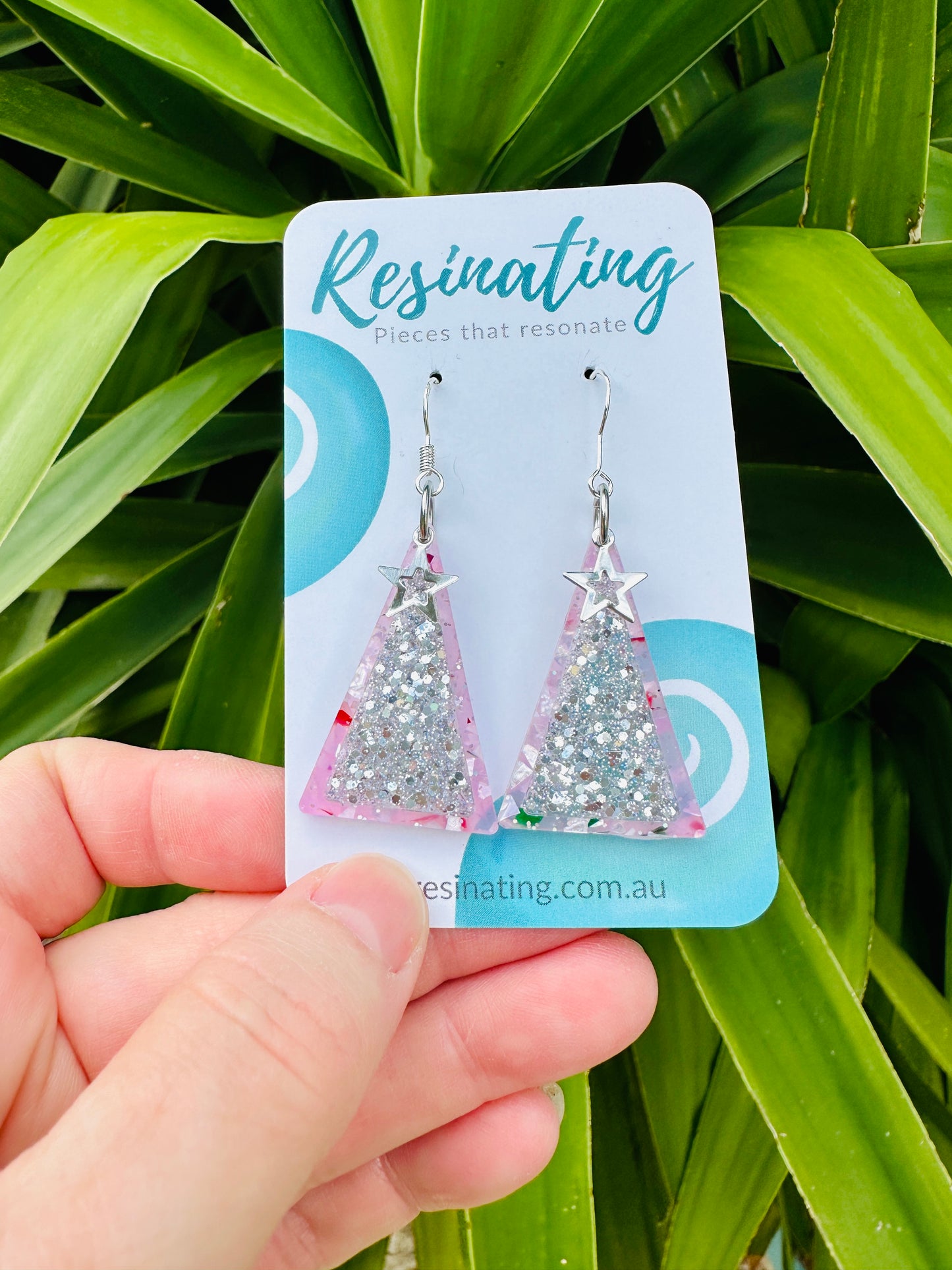 CHRISTMAS EARRINGS - Christmas tree - confetti pink and silver