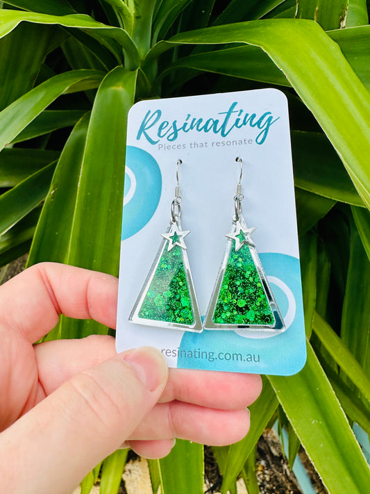 CHRISTMAS EARRINGS - Christmas tree - silver and bright green