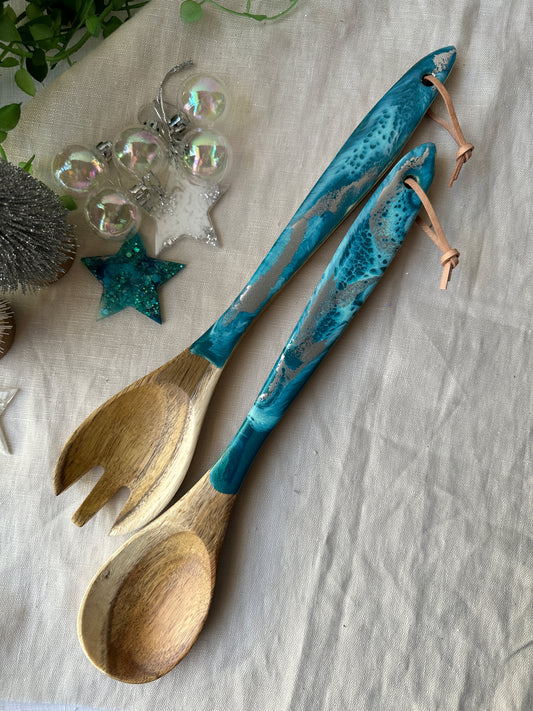 SALAD SERVERS - teal and silver