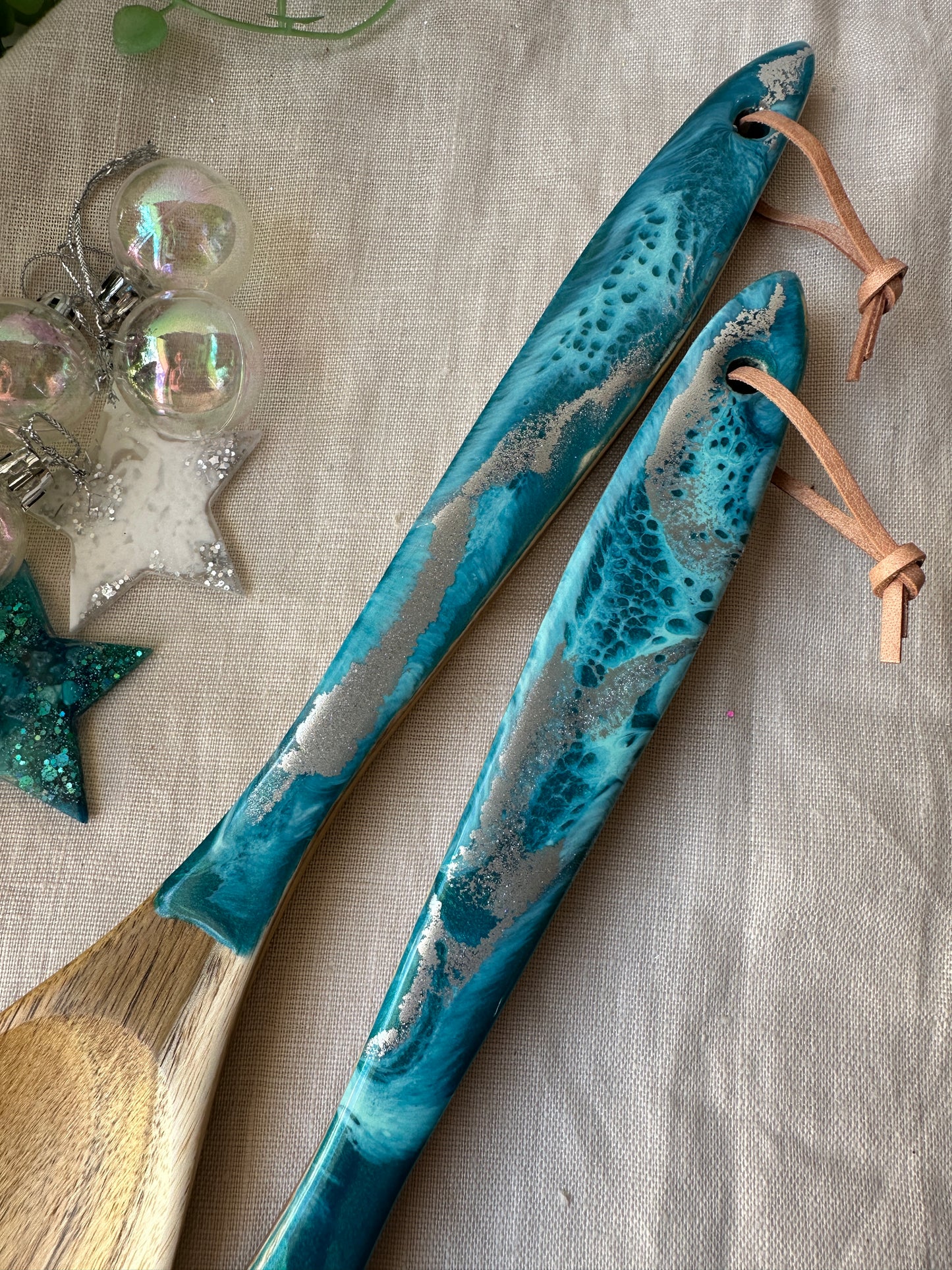 SALAD SERVERS - teal and silver