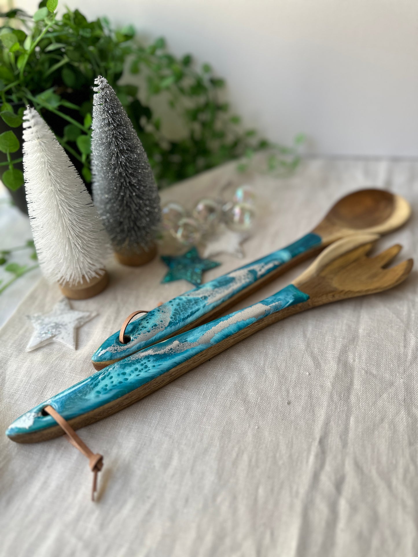 SALAD SERVERS - teal and silver