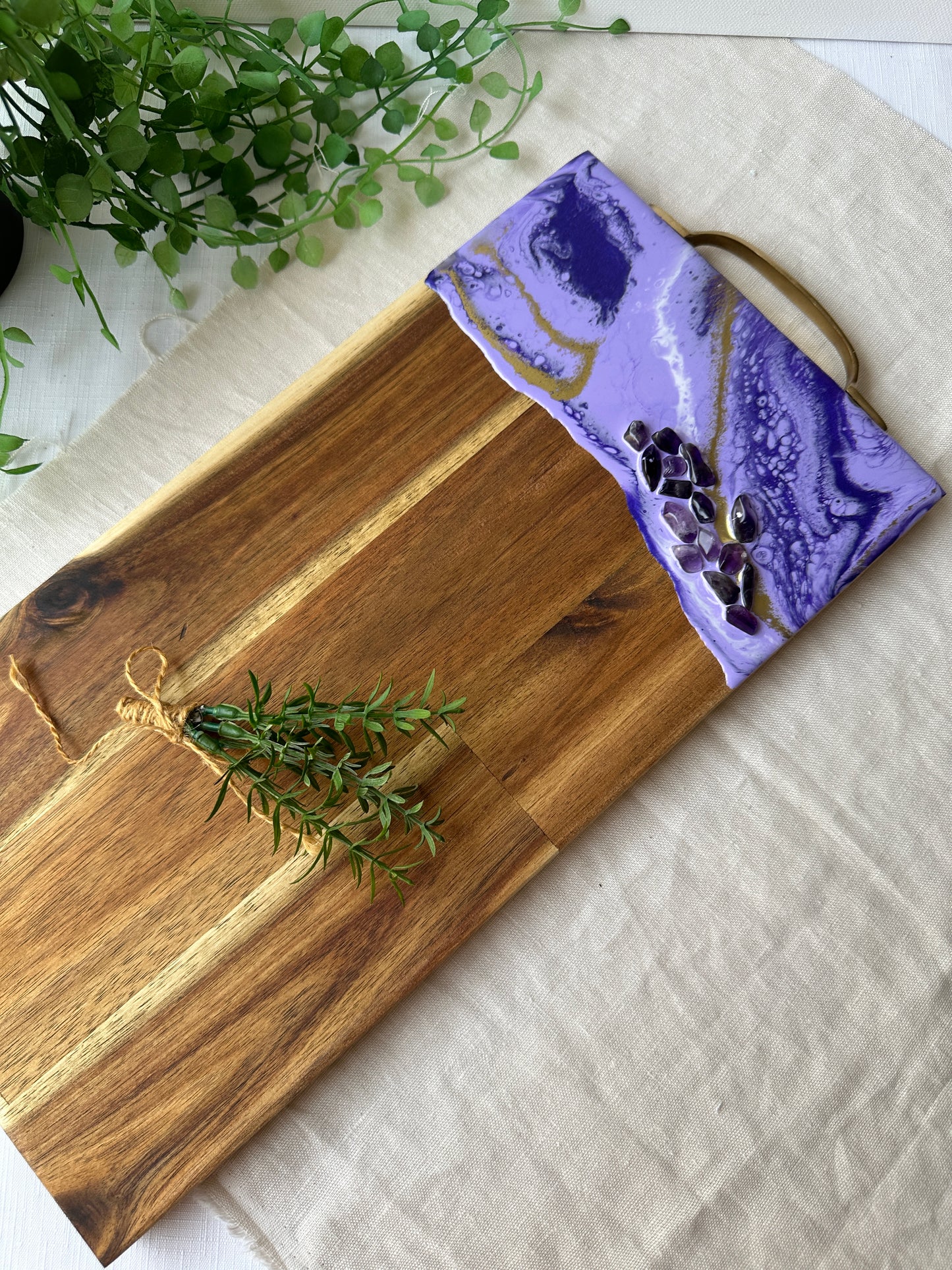 SERVING BOARD - purple resin with real amethyst crystals serving board