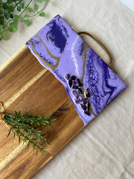SERVING BOARD - purple resin with real amethyst crystals serving board