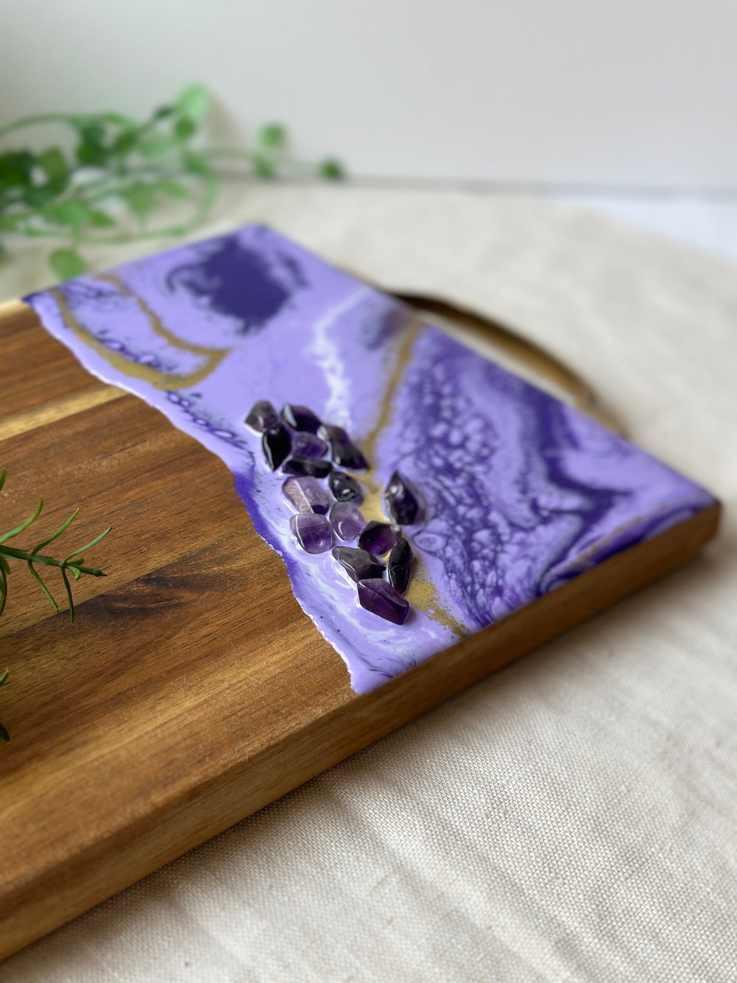 SERVING BOARD - purple resin with real amethyst crystals serving board