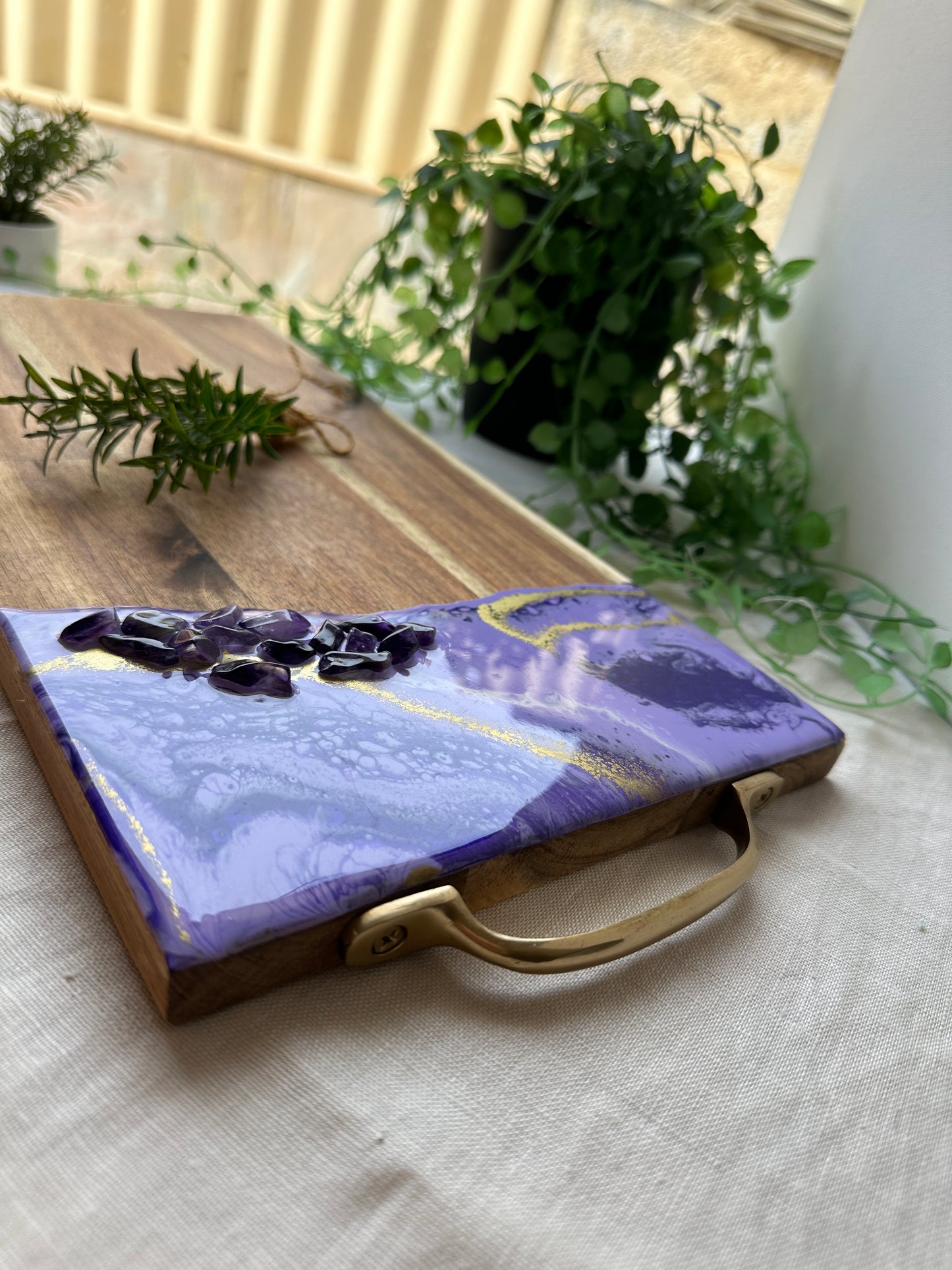 SERVING BOARD - purple resin with real amethyst crystals serving board