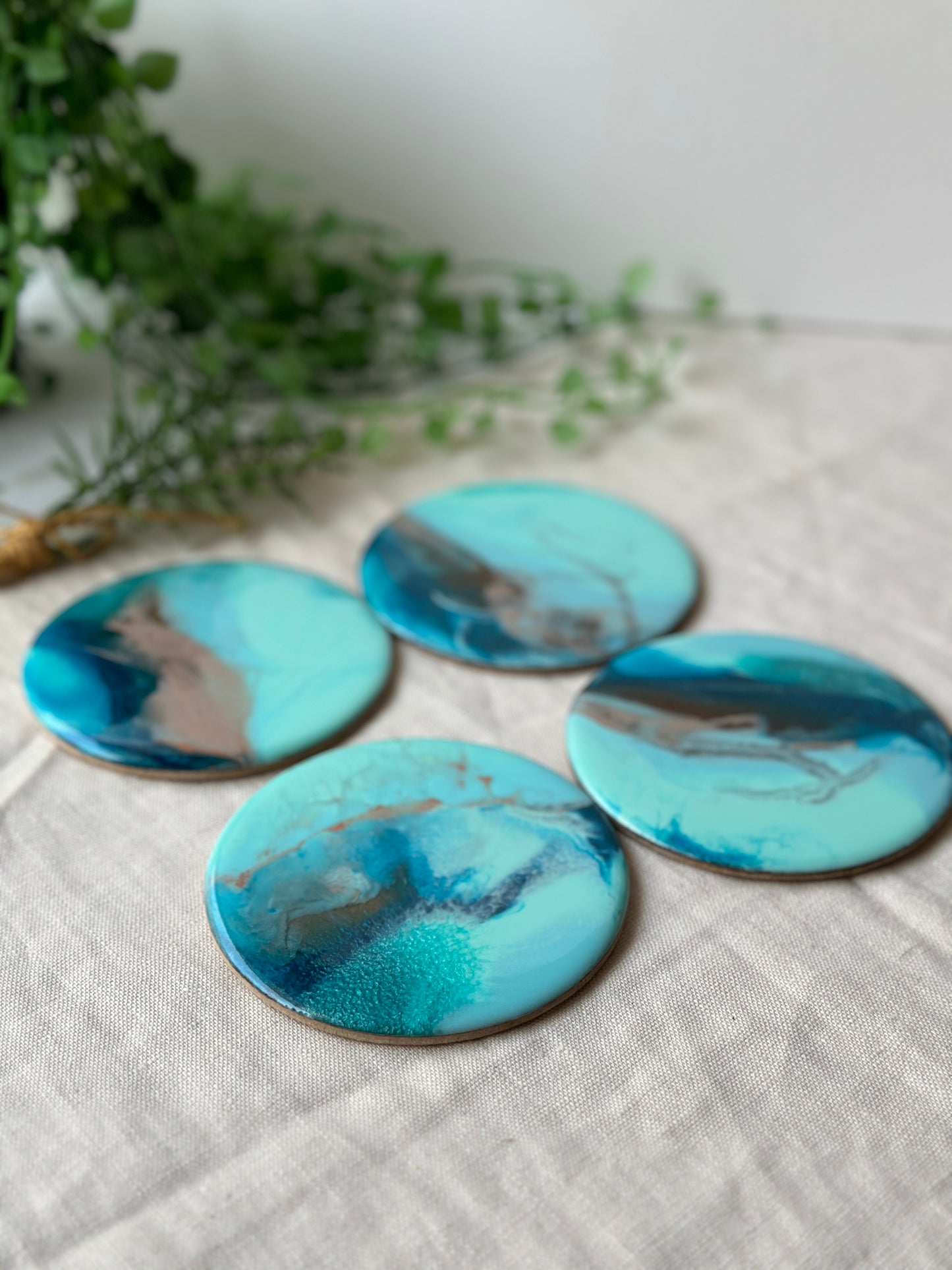 Resin art coasters - aqua, navy, copper, set of 4