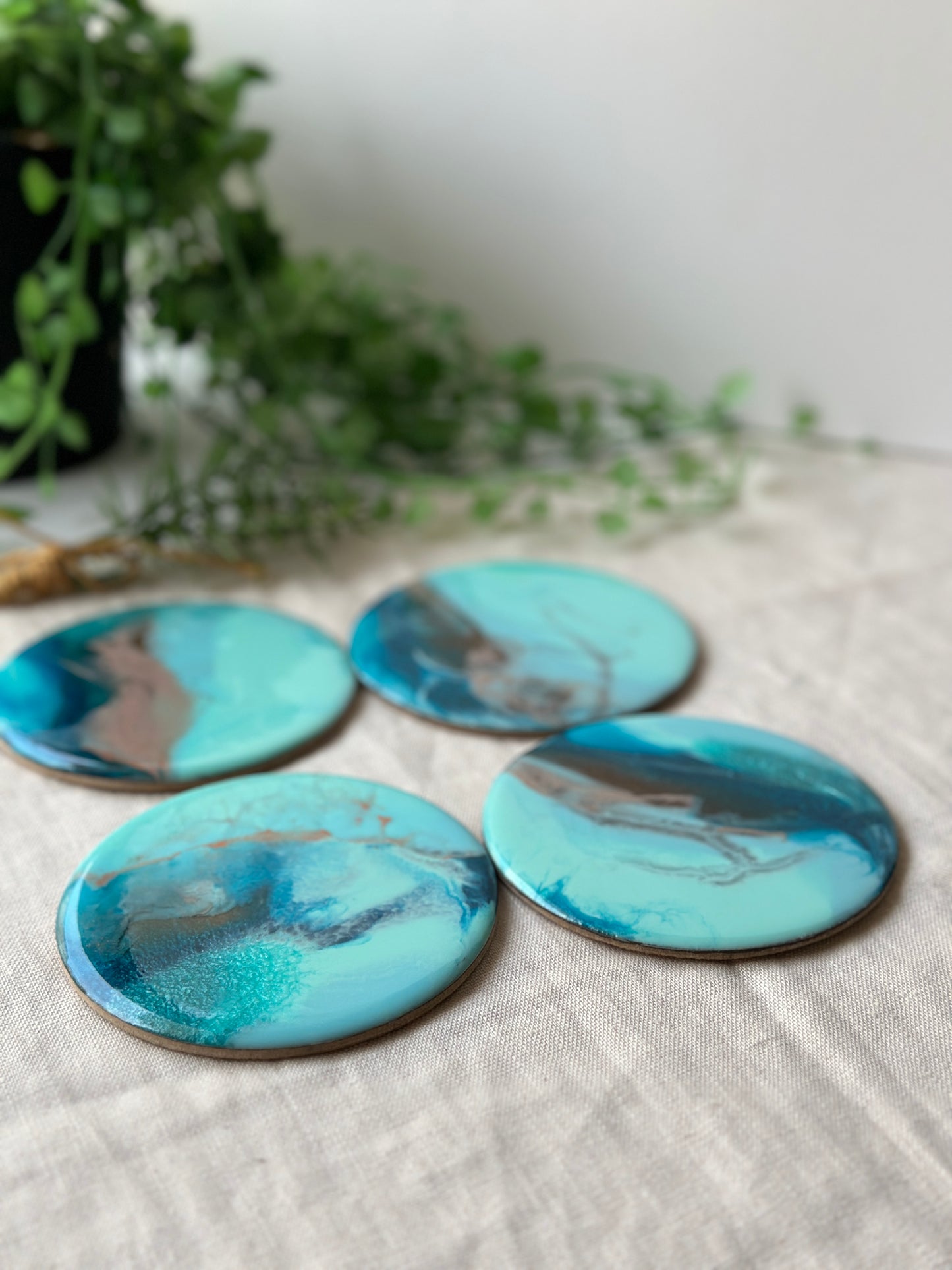 Resin art coasters - aqua, navy, copper, set of 4