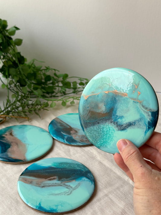 Resin art coasters - aqua, navy, copper, set of 4