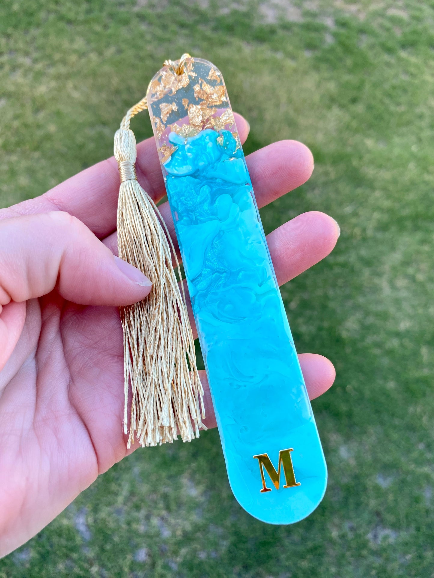 BOOKMARK - created in blue resin with gold flakes