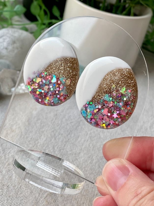 Resin earrings - white and glitter studs - READY TO POST