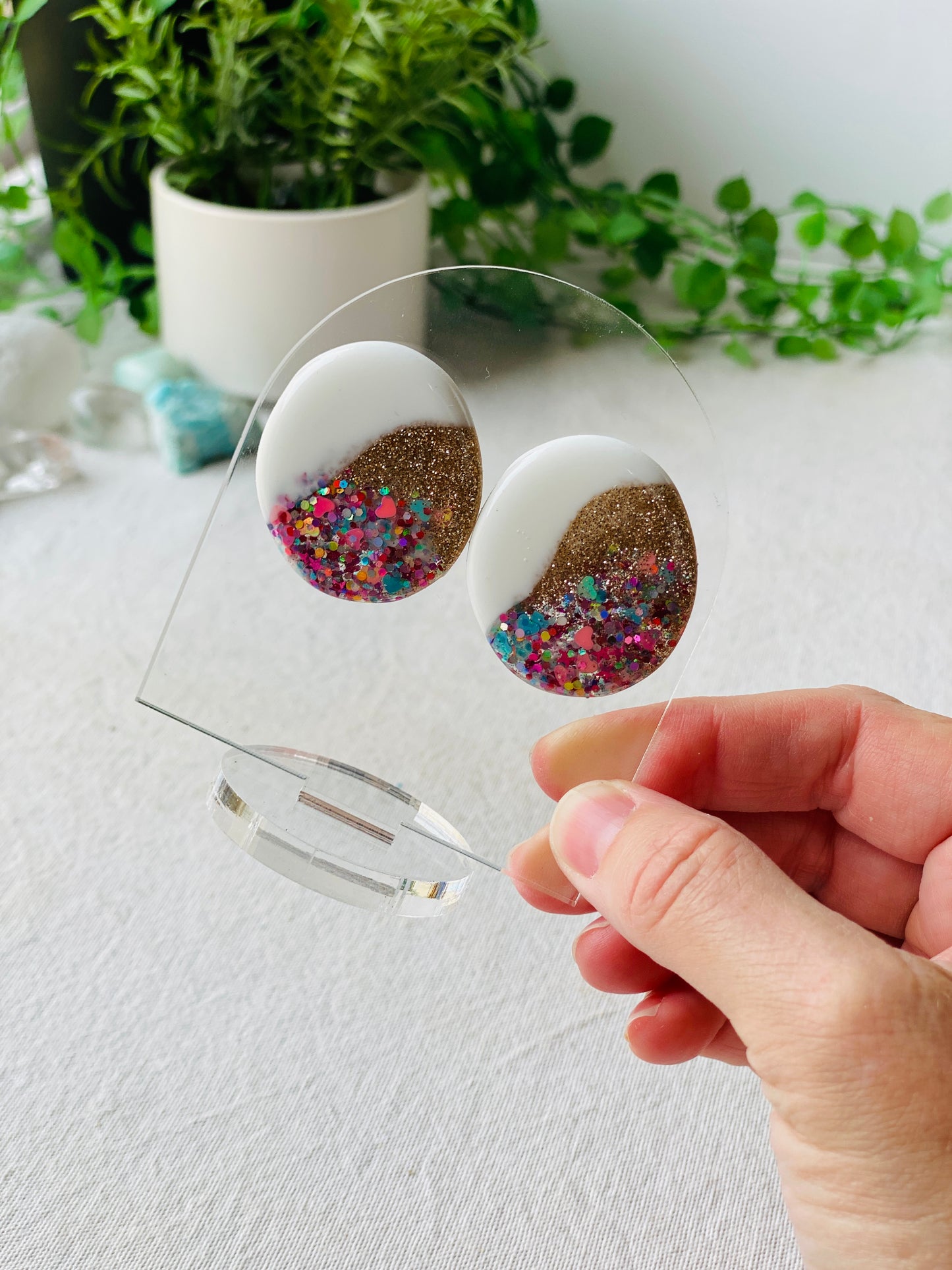Resin earrings - white and glitter studs - READY TO POST