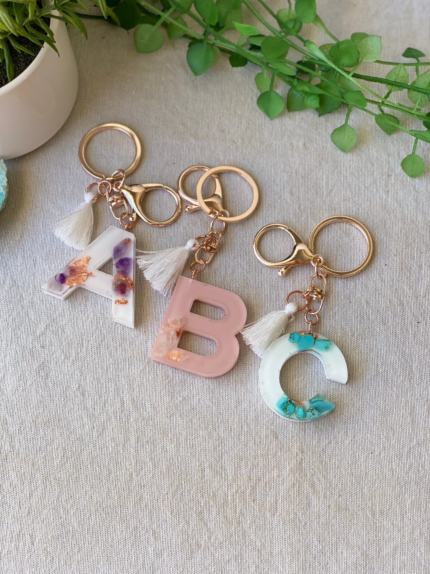 LOVE LETTERS - alphabet keyrings - ROSE QUARTZ