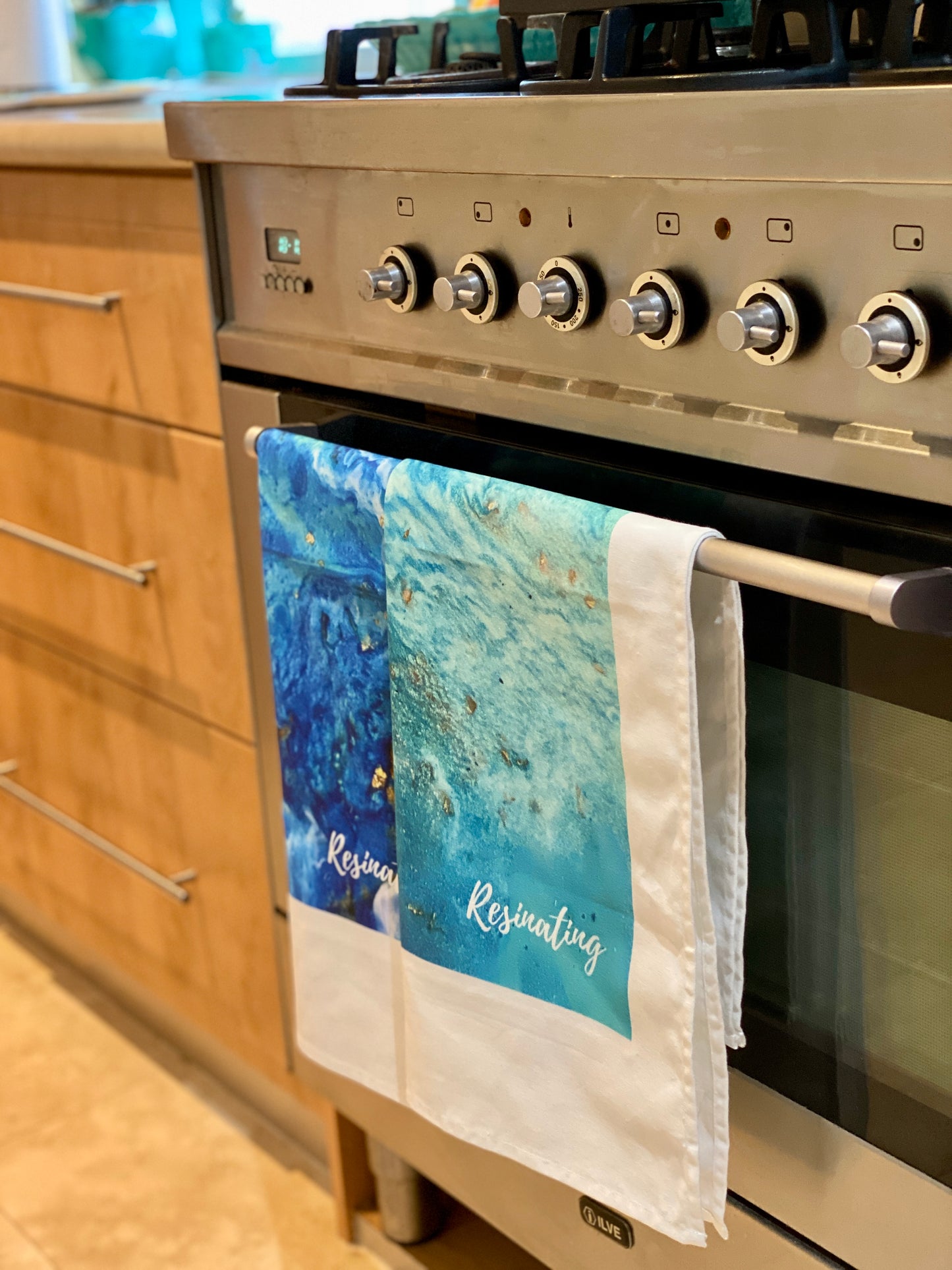 Resin art tea towel - aqua green resin art