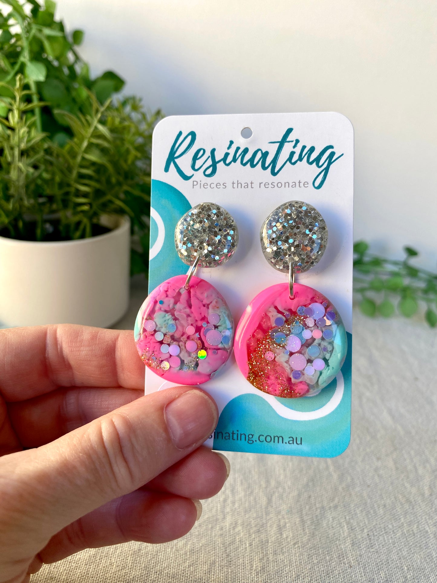 Pink, aqua and silver dangles - hand cast resin dangle earrings - READY TO POST