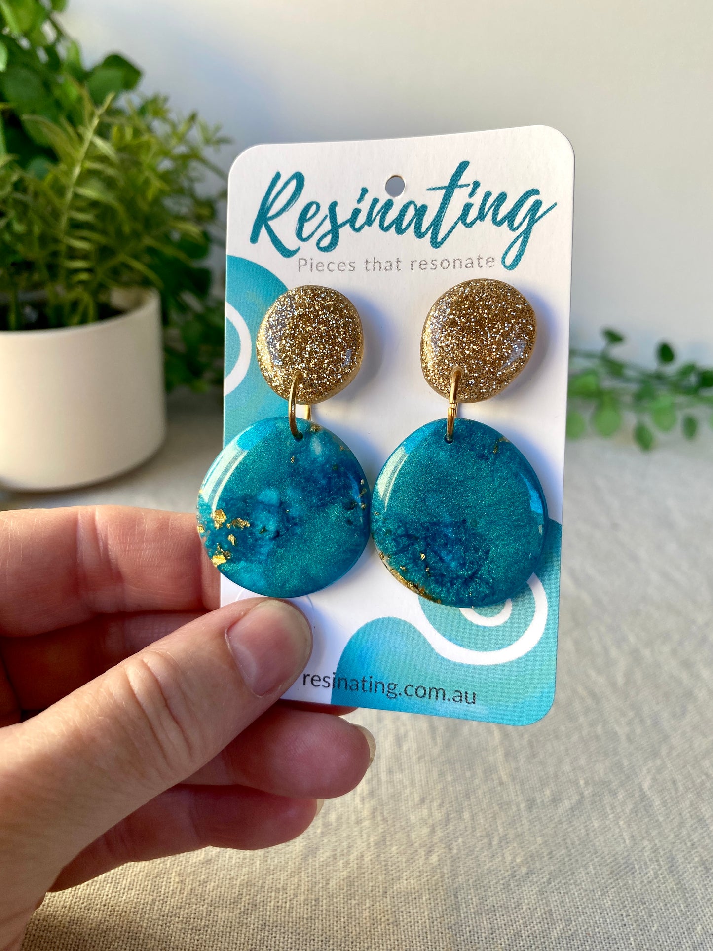 Teal and gold dangles - hand cast resin dangle earrings - READY TO POST