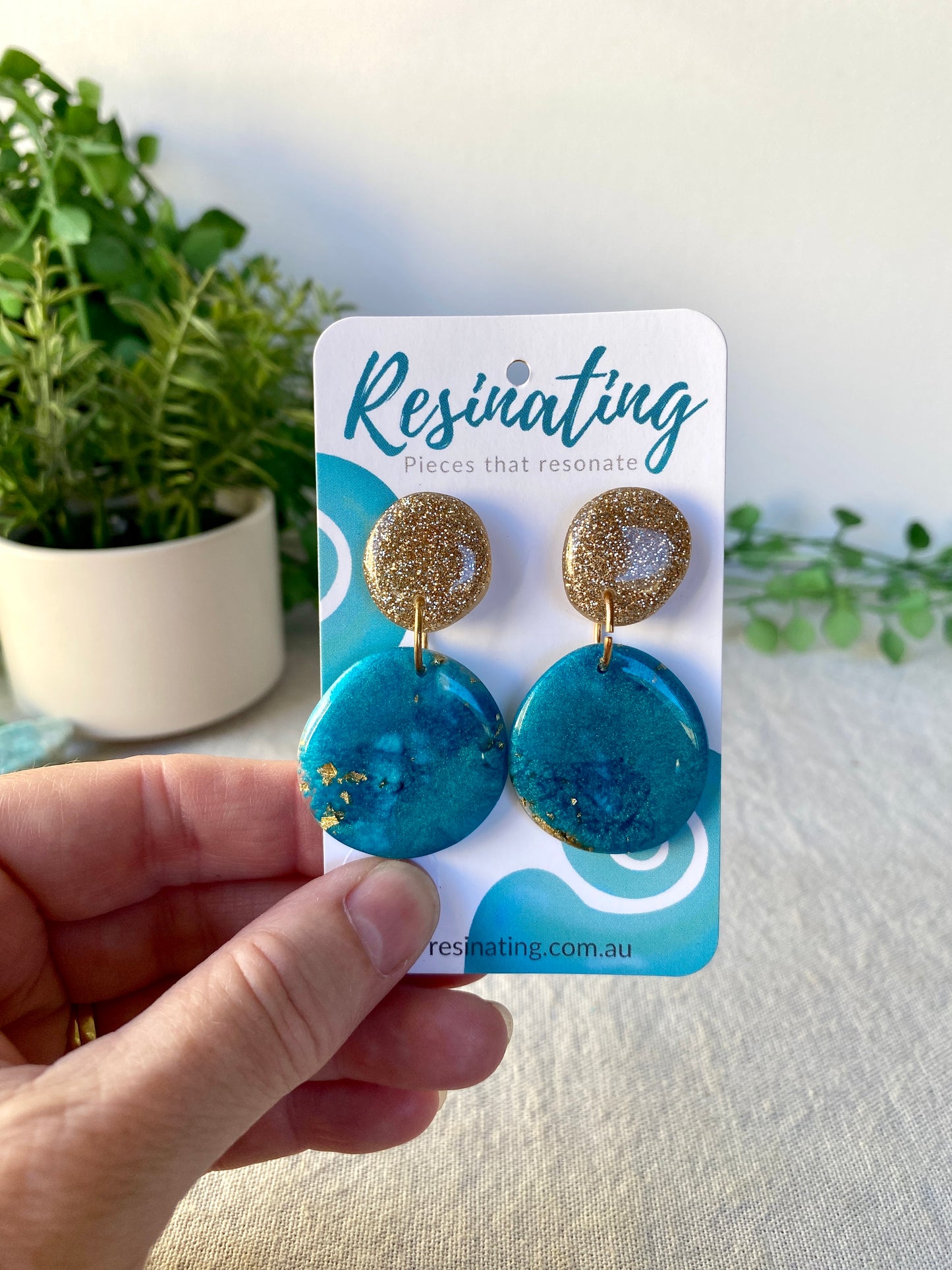 Teal and gold dangles - hand cast resin dangle earrings - READY TO POST