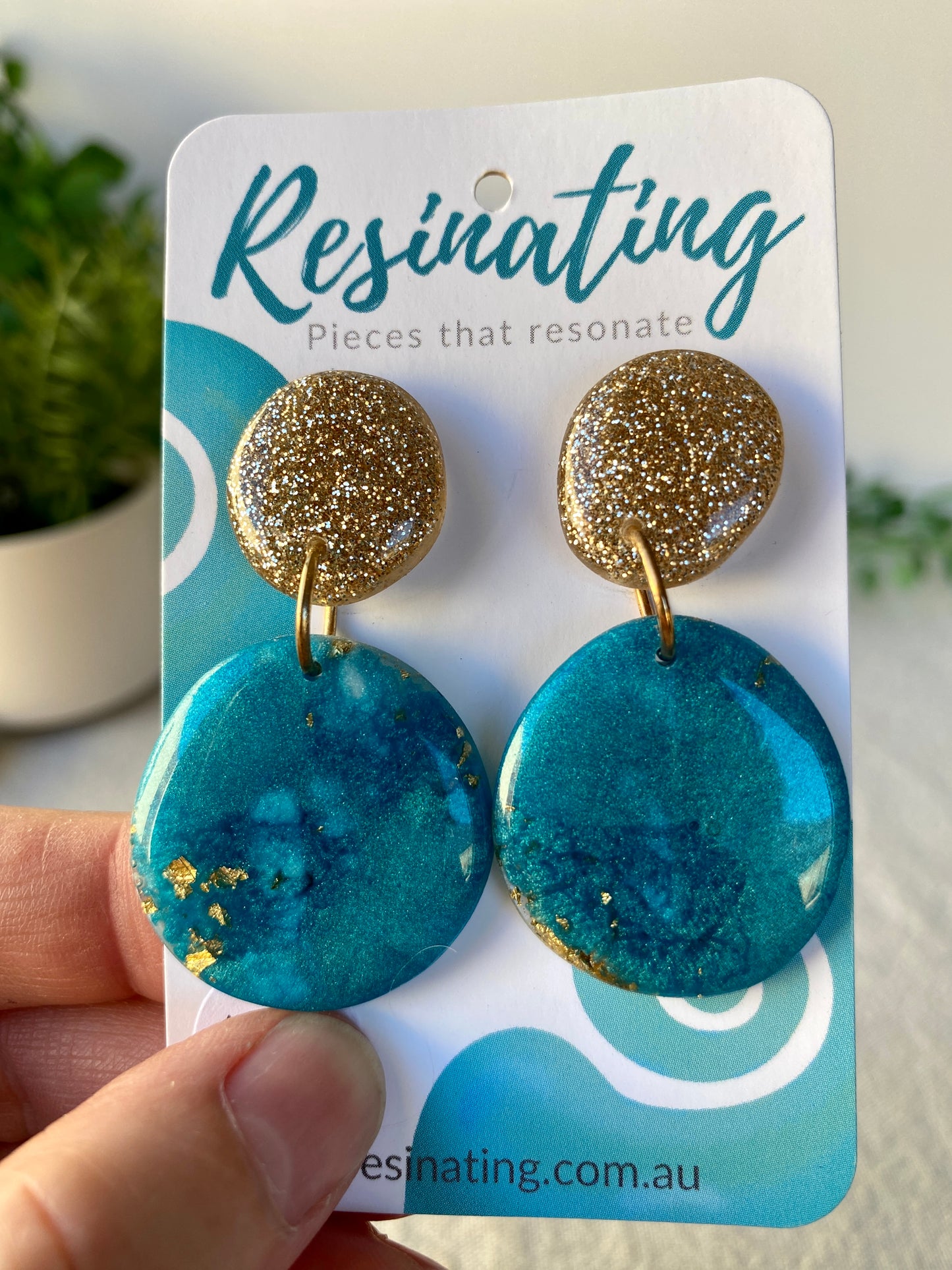 Teal and gold dangles - hand cast resin dangle earrings - READY TO POST