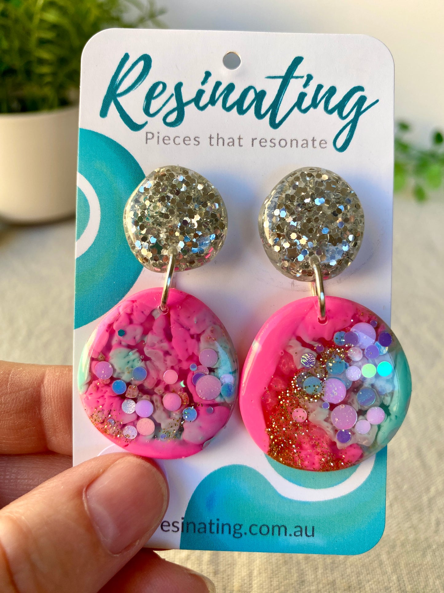 Pink, aqua and silver dangles - hand cast resin dangle earrings - READY TO POST