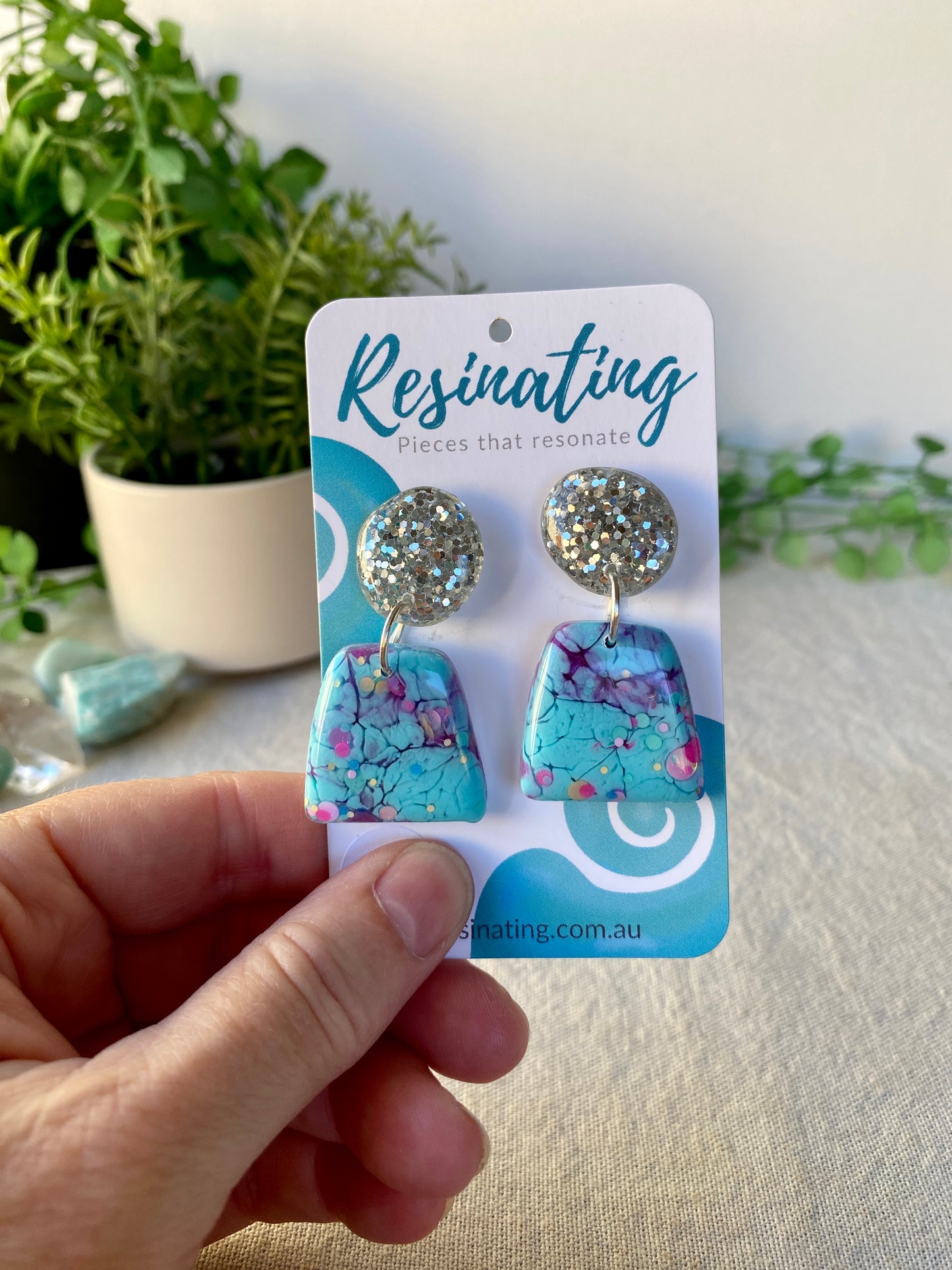 Aqua blue and purple dangles - hand cast resin dangle earrings - READY TO POST