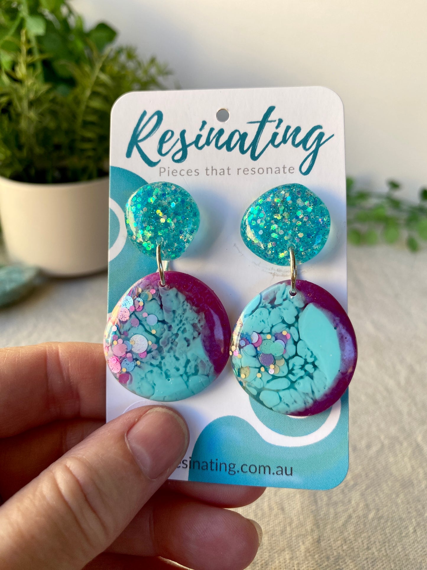 Aqua blue and purple round dangles - hand cast resin dangle earrings - READY TO POST