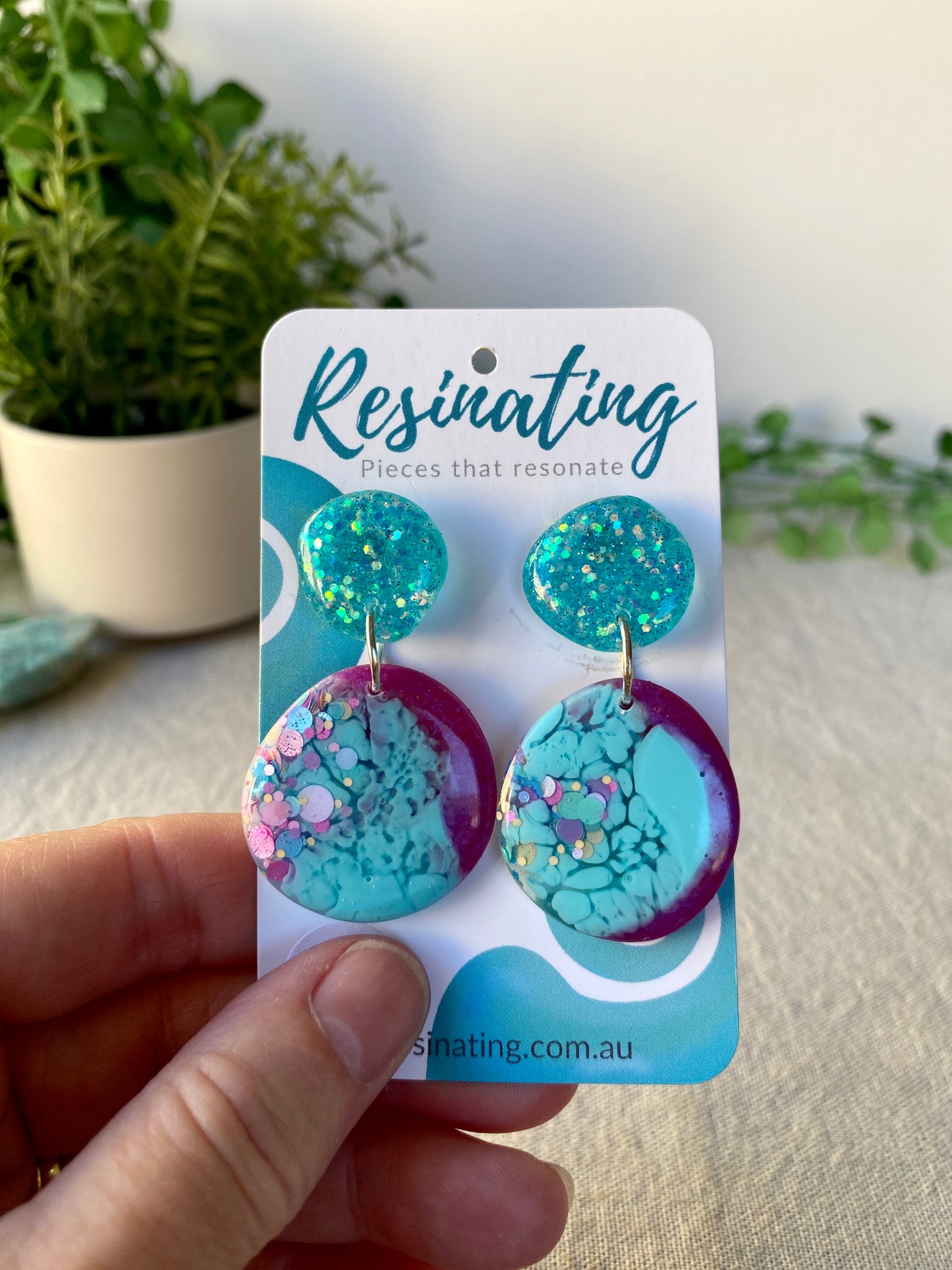 Aqua blue and purple round dangles - hand cast resin dangle earrings - READY TO POST