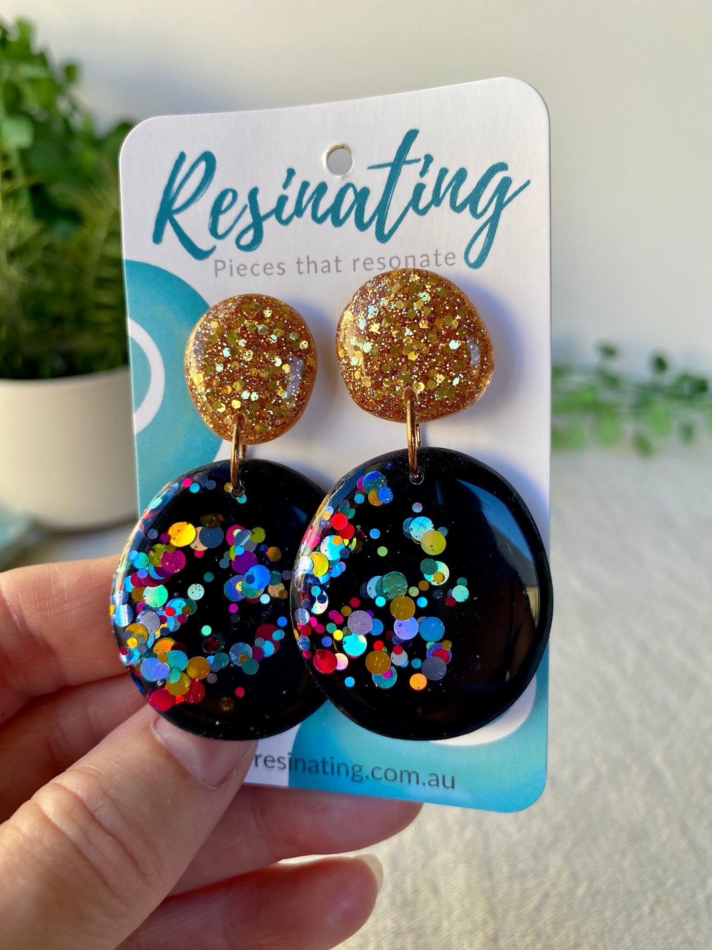 Navy blue and gold dangles - resin dangle earrings - READY TO POST