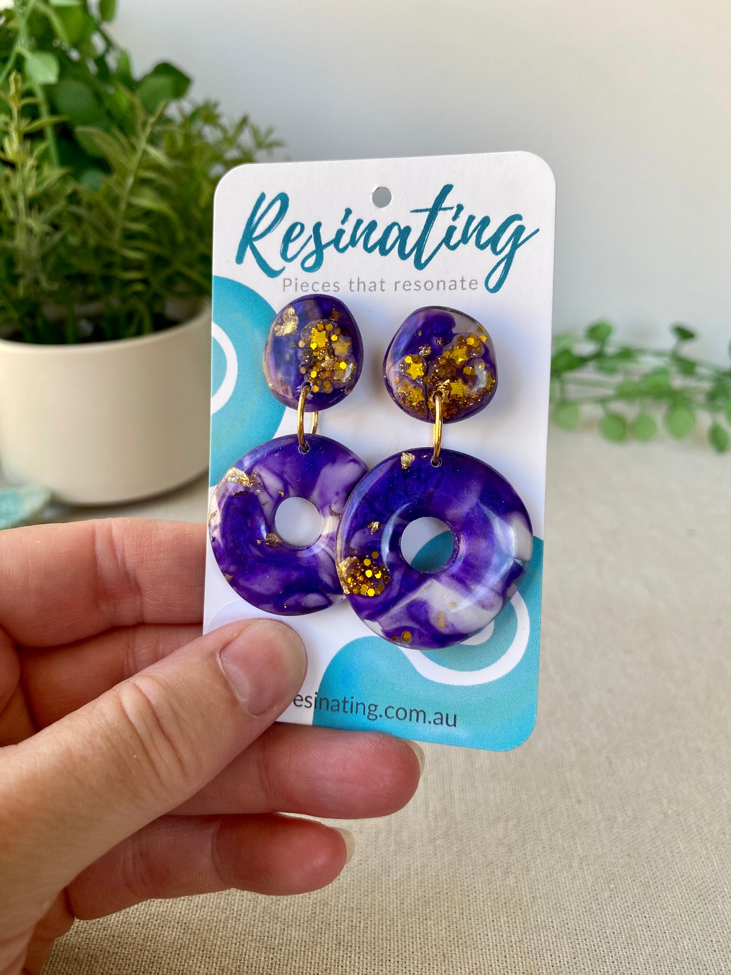 Purple and gold dangles - hand cast resin dangle earrings - READY TO POST