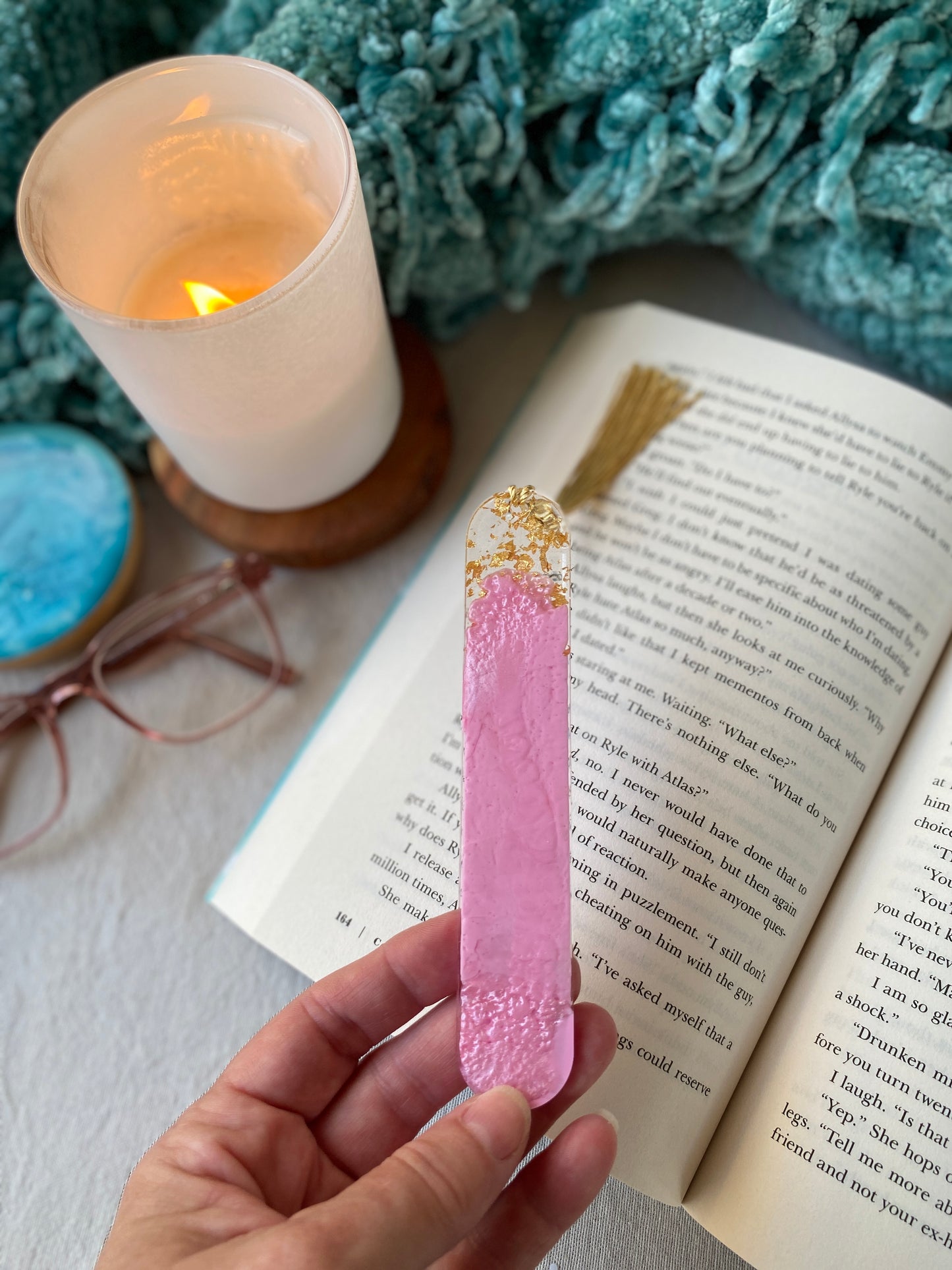 BOOKMARK - created in pink resin with gold flakes