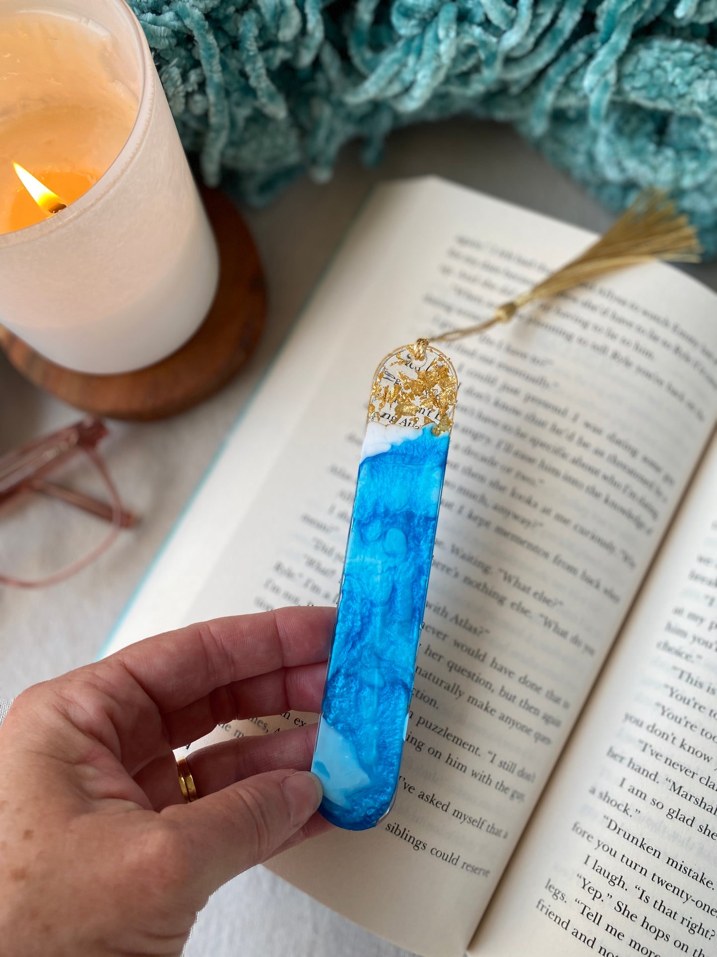 BOOKMARK - created in blue resin with gold flakes